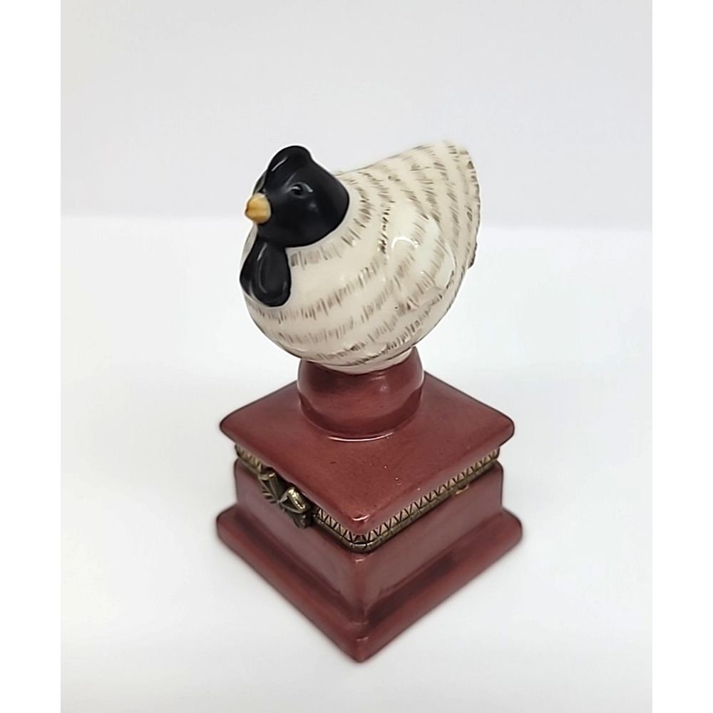 Vintage Foreside Black & White Chicken/Hen On Reddish‎ Hinged Trinket Box